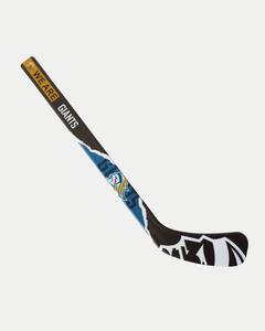 The Belfast Giants Mini Hockey Stick We Are Giants by Belfast Giants is black with blue, white, and yellow accents, "WE ARE GIANTS" near the handle, and a bold stylized elephant head logo on the shaft.