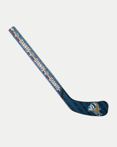 The Belfast Giants Mini Hockey Stick Striped by Belfast Giants is a dark blue stick with repeated "GHAMES" text, a stylized animal head logo, and colorful shaft graphics, shown against a plain white background.