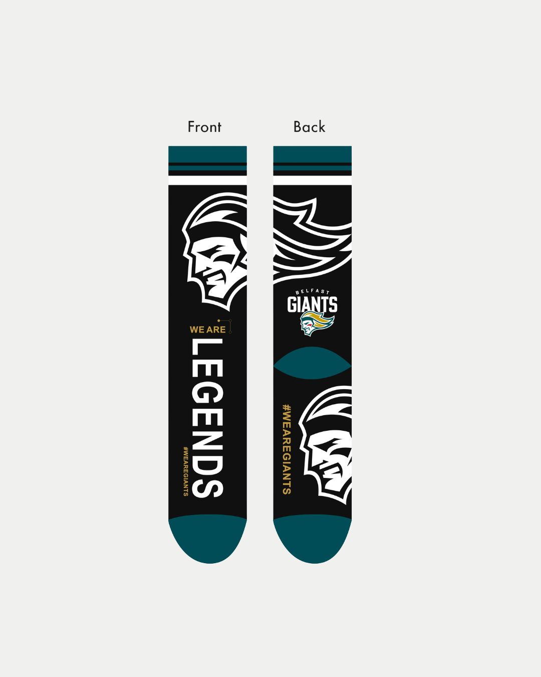 The Belfast Giants Socks Black by Belfast Giants feature teal toes and heels, a stylized head logo and "WE ARE LEGENDS" vertically on the front, with the head logo, team logo, and #WEAREGIANTS in teal on the back.