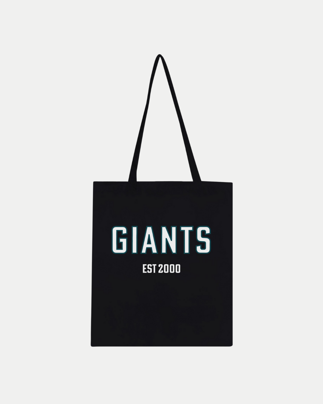 The Belfast Giants Made-To-Order Giants Est 2000 Classic Tote Bag in black features bold white “GIANTS” text with “EST 2000” below, centered on the front. Crafted from 100% cotton with two handles, it’s eco-conscious and shown on a plain white background.