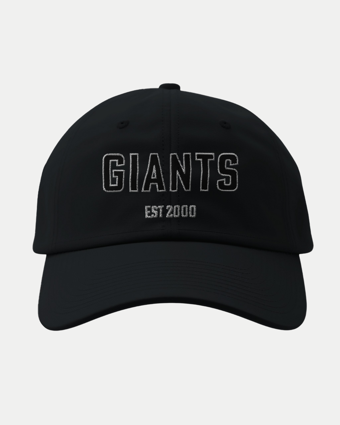 The Belfast Giants Made-To-Order Giants Est 2000 Fitted Baseball Cap Black showcases large white outlined "GIANTS" embroidery and "EST 2000" in smaller text on the front.