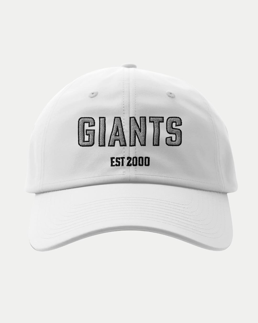 The Belfast Giants Made-To-Order Giants Est 2000 Fitted Baseball Cap in white features "GIANTS" in bold black embroidery and "EST 2000" stitched below, offering a timeless look.