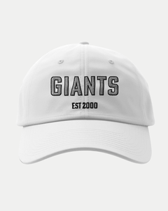The Belfast Giants Made-To-Order Giants Est 2000 Fitted Baseball Cap in white features "GIANTS" in bold black embroidery and "EST 2000" stitched below, offering a timeless look.