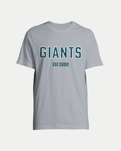 The Belfast Giants Made-To-Order Giants Est 2000 T-shirt in grey features bold dark green GIANTS lettering with white outline and EST 2000 below. This unisex tee delivers style and comfort for every fan.