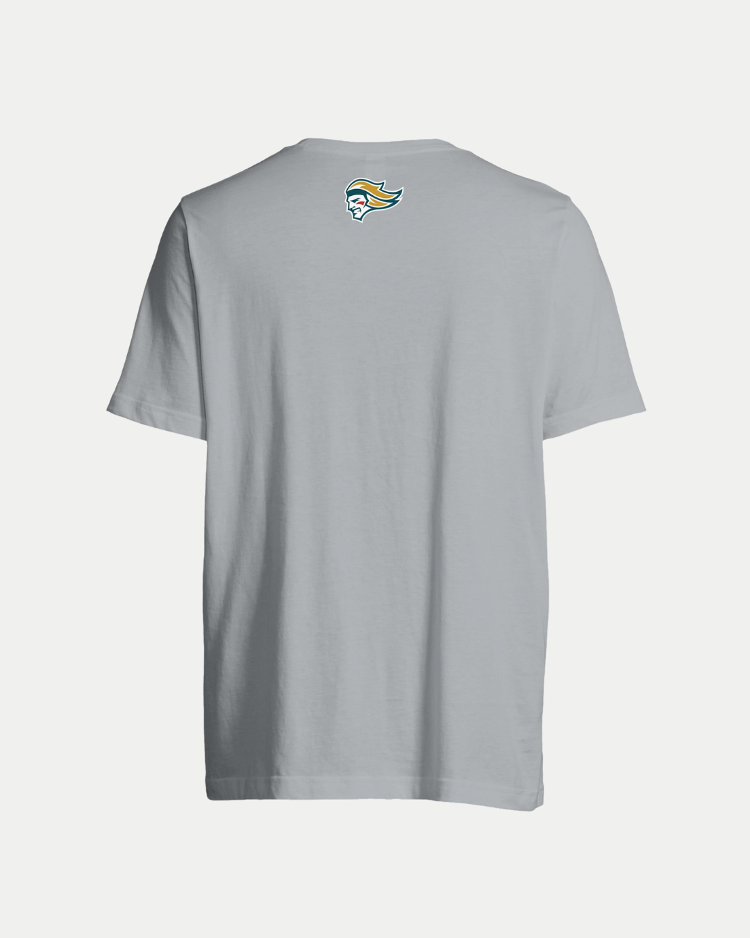 The Made-To-Order Giants Est 2000 T-shirt Grey by Belfast Giants is a light gray unisex tee, shown from the back with a small colorful stylized bird head logo in yellow, green, and blue just below the neckline.