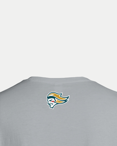 The Belfast Giants Made-To-Order Giants Est 2000 T-shirt in light gray features an eco-friendly design with a small yellow, green, and white stylized head logo on the upper back.