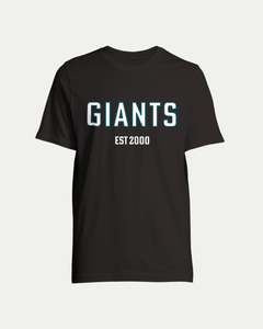 The Belfast Giants Made-To-Order Giants Est 2000 T-shirt Black is a unisex tee with GIANTS in bold white letters and EST 2000 below, displayed on black. Each shirt is made-to-order for a personalized touch.