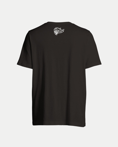 Black short-sleeve unisex Made-To-Order Giants Est 2000 T-shirt by Belfast Giants, shown from the back with a small white graphic of a bearded man in a helmet near the neckline, offers unique style and comfort.