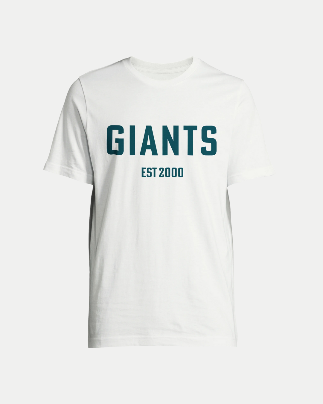 The Belfast Giants Made-To-Order Giants Est 2000 T-shirt White is a unisex tee featuring GIANTS in bold dark green and EST 2000 below—ideal for fans of the New Giants T-shirt collection.