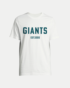 The Belfast Giants Made-To-Order Giants Est 2000 T-shirt White is a unisex tee featuring GIANTS in bold dark green and EST 2000 below—ideal for fans of the New Giants T-shirt collection.