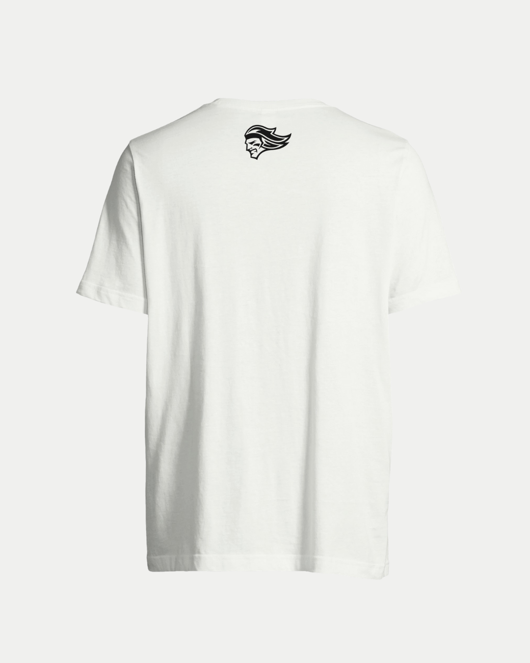 The Belfast Giants Made-To-Order Giants Est 2000 T-shirt White is a unisex tee shown from the back, featuring a small black stylized head with flowing hair near the upper neckline for a perfect fit.
