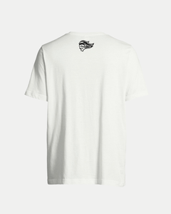 The Belfast Giants Made-To-Order Giants Est 2000 T-shirt White is a unisex tee shown from the back, featuring a small black stylized head with flowing hair near the upper neckline for a perfect fit.