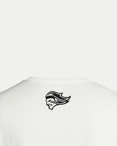 The Belfast Giants Made-To-Order Giants Est 2000 T-shirt in white is a unisex tee featuring a black stylized head logo with flowing hair printed near the neckline on the upper back, inspired by the New Giants T-shirt collection.