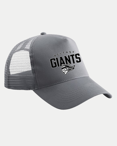 The Belfast Giants Trucker Cap Grey 24/25 features the team name and logo on a solid front panel, breathable mesh back, and a curved brim—ideal for any Belfast Giants supporter.