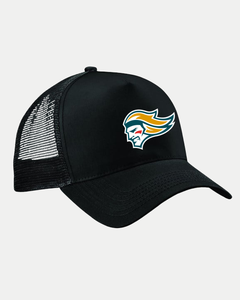 The Belfast Giants Trucker Cap Black features a mesh back and displays the Belfast Giants logo—a profile head with yellow hair, teal and gold accents, and a focused expression—on the front.