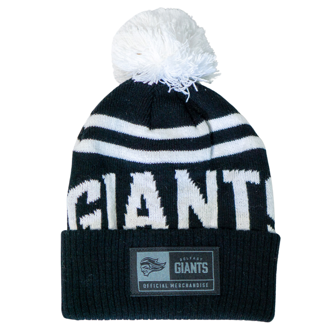 The Belfast Giants Beanie Black and White is a cozy winter hat featuring bold GIANTS lettering and an official merchandise patch, perfect for fans of the Belfast Giants.