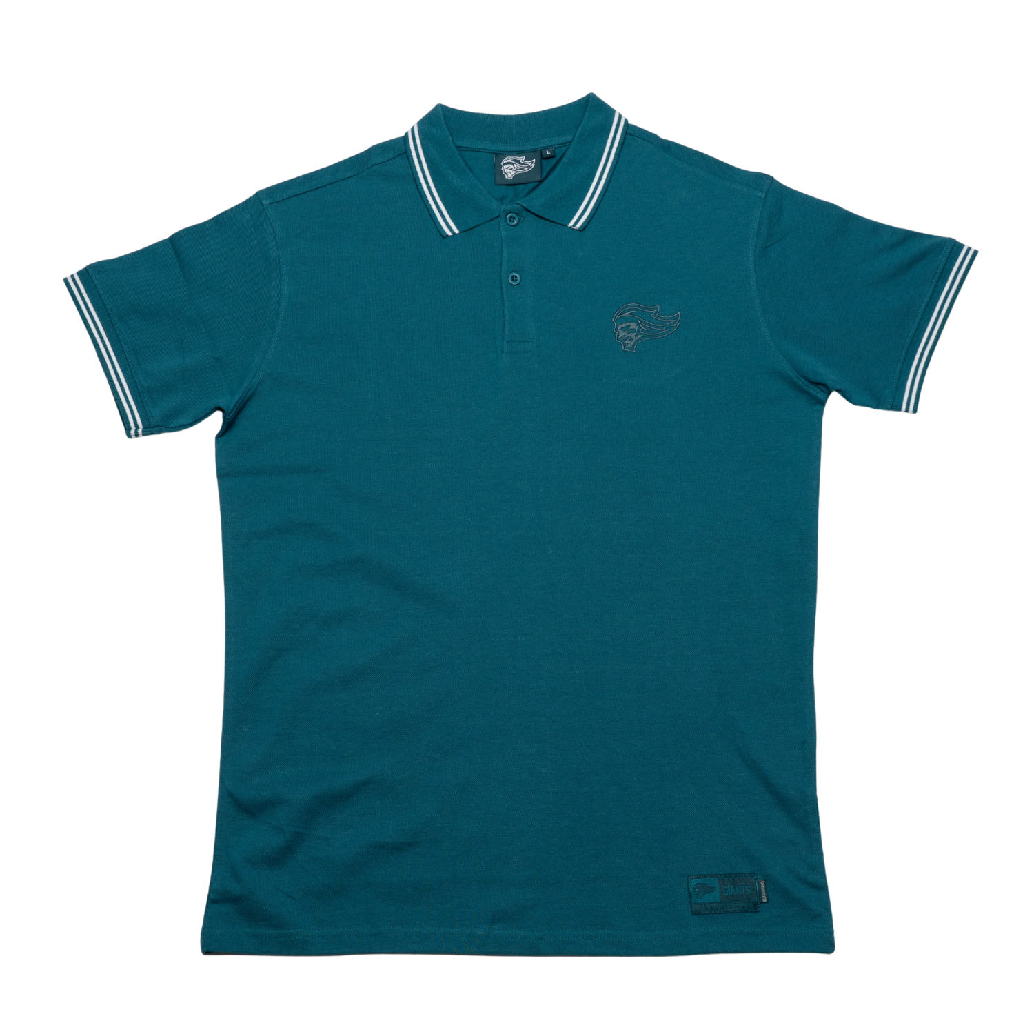 The Belfast Giants Teal Polo Shirt features short sleeves, a collared neckline with three buttons, white striped accents on the collar and cuffs, and embroidered Belfast Giants logos on the chest and hem—ideal for match day style.