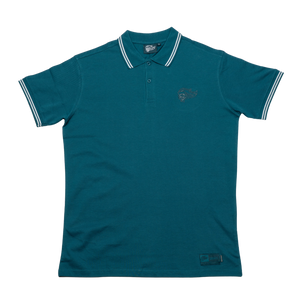 The Belfast Giants Teal Polo Shirt features short sleeves, a collared neckline with three buttons, white striped accents on the collar and cuffs, and embroidered Belfast Giants logos on the chest and hem—ideal for match day style.