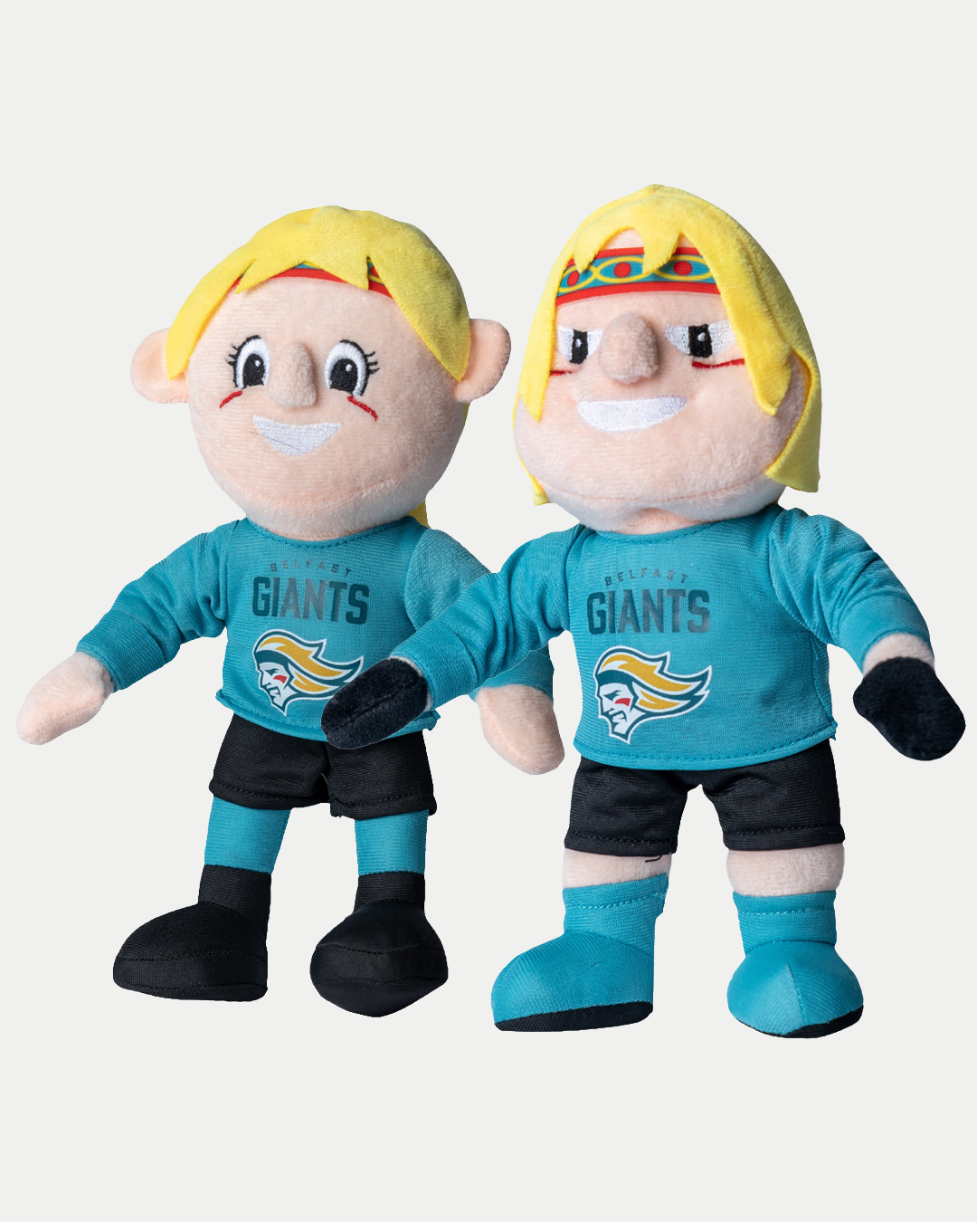 The Belfast Giants Mascot Plush Toy Bundle features adorable plush dolls of Finn and Finnula, both smiling in teal and black uniforms with "GIANTS" and bird logo. Finn has a headband and beard. An official Belfast Giants product.