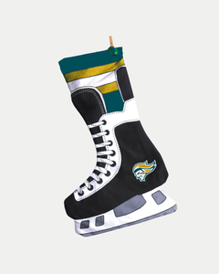 The Giants Ice Skate Stocking by Belfast Giants is shaped like a black and white hockey skate with teal, gold, and white stripes at the top and features the team logo—perfect for hockey fans.