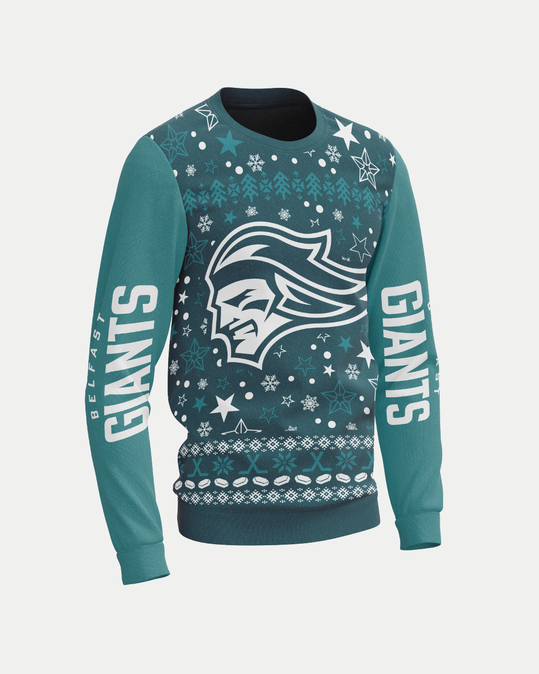 The Belfast Giants Christmas Jumper by Belfast Giants features team logos, festive patterns, and BELFAST GIANTS on the sleeves—a perfect holiday choice for fans.