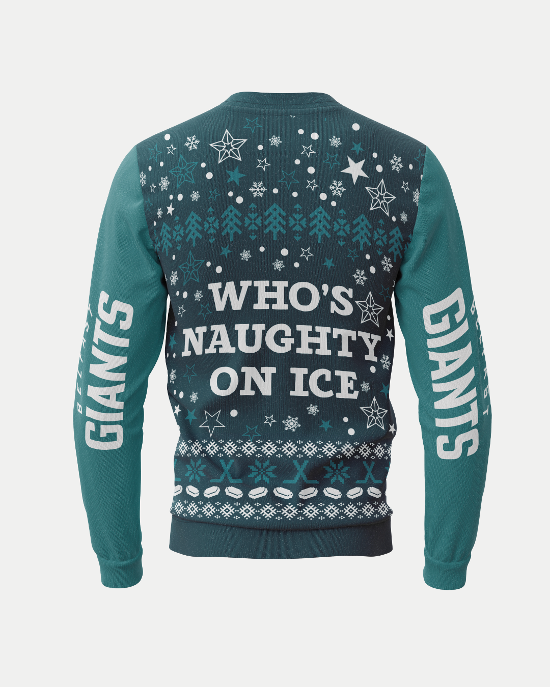 The Belfast Giants Christmas Jumper features teal sleeves, a dark blue back with festive designs, and “WHOS NAUGHTY ON ICE.” Sleeves display “GIANTS.” Pre-order this official Belfast Giants jumper for the perfect hockey fan gift!.