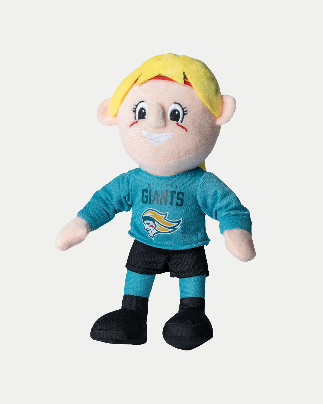 The Belfast Giants Mascot Plush Toy Bundle features a plush doll with yellow hair, a teal GIANTS shirt with bird logo, black shorts, teal socks, and black shoes—smiling with open arms. A must-have from the Belfast Giants!.
