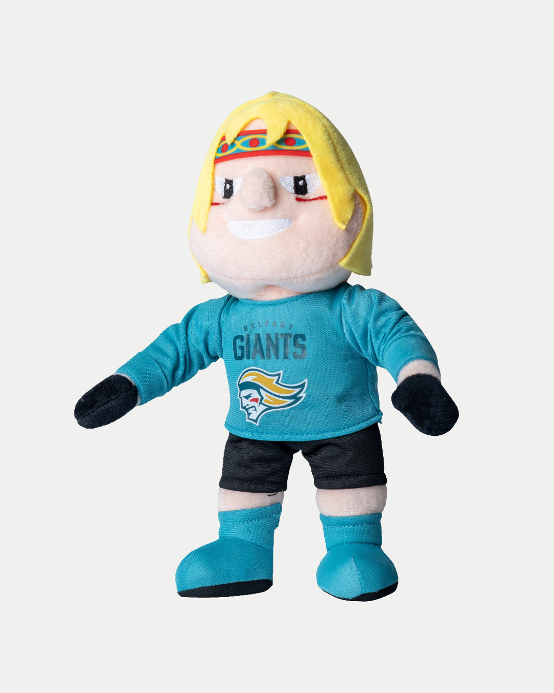 The Belfast Giants Mascot Plush Toy Bundle features Finn and Finnula plushies, both wearing turquoise Giants jerseys, black shorts, colorful headbands, and matching shoes—a must-have for fans by Belfast Giants.