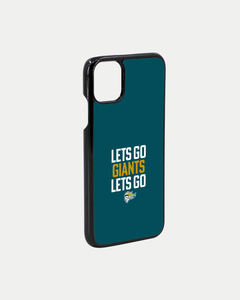 The Lets Go Giants Phone Case by Belfast Giants features a dark teal background, bold "LETS GO GIANTS LETS GO" text in white and yellow, plus a team logo. Made to order, each case reduces waste for an eco-friendly choice.
