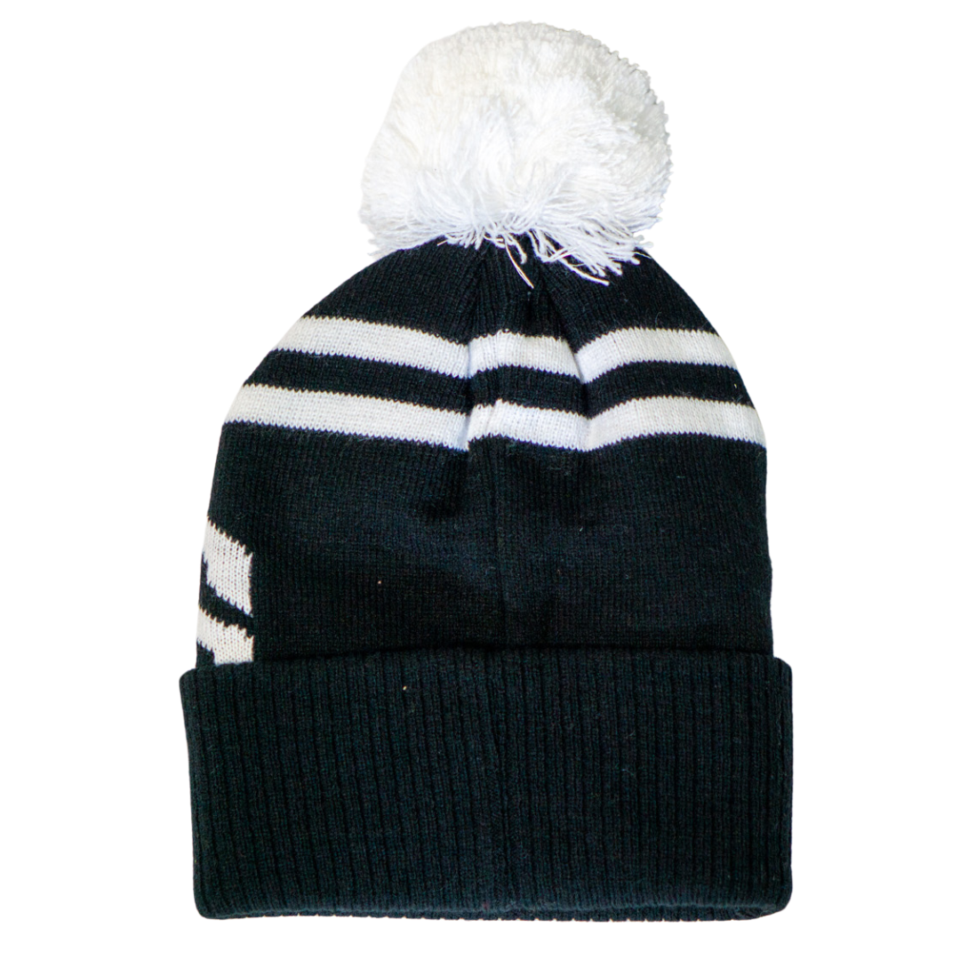 The Belfast Giants Beanie Black and White by Belfast Giants is a monochrome knit winter hat with two white stripes, a white pom-pom, and a folded cuff for added warmth and style.