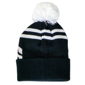 The Belfast Giants Beanie Black and White by Belfast Giants is a monochrome knit winter hat with two white stripes, a white pom-pom, and a folded cuff for added warmth and style.