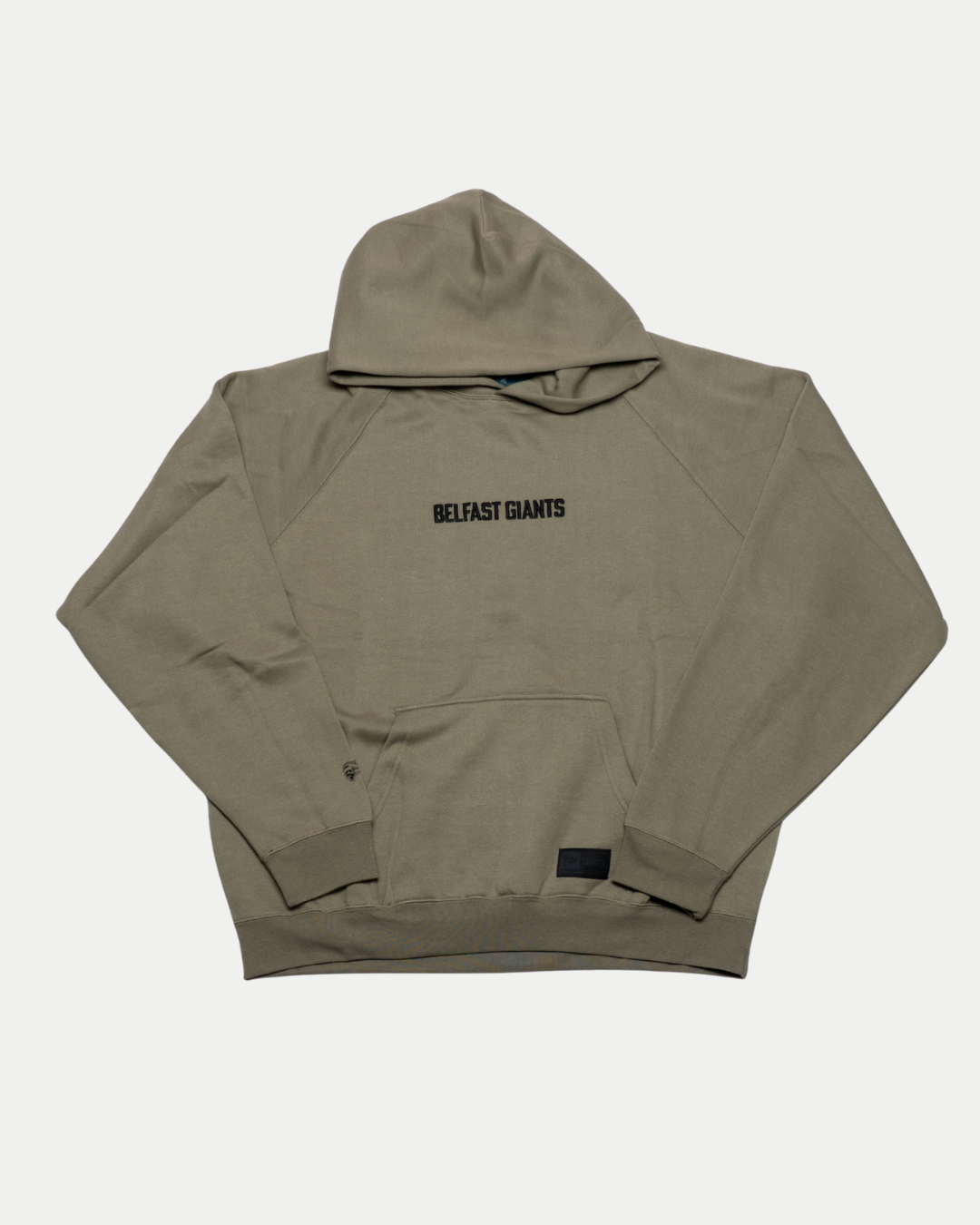 The Belfast Giants Hoodie Olive Backprint features an olive green color, black "BELFAST GIANTS" chest print, front pocket, and long sleeves—a perfect minimal hoodie for Belfast Giants fans.