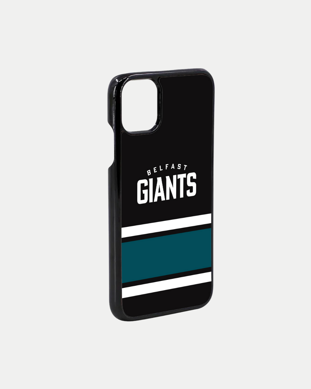 The Belfast Giants Wordmark Logo Black Phone Case features "Belfast Giants" in white above white and teal stripes on a black case. Made-to-order by Belfast Giants to help reduce waste. The product is displayed on a plain light grey background.