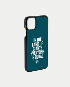 The In The Land Of Giants Phone Case by Belfast Giants is a dark teal, eco-friendly case featuring white text, "IN THE LAND OF GIANTS EVERYONE IS EQUAL," and a small stylized eagle’s head logo, displayed on a plain white background.