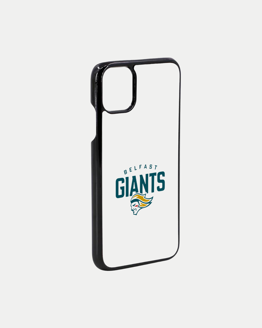 The Belfast Giants Logo White Phone Case by Belfast Giants features the team logo and name in green, with a yellow and green giant head. Made to order with black edges, it reduces waste; delivery in 10-12 days.