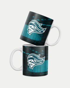 The Belfast Giants Rink Mug by Belfast Giants features a teal and white head logo with flowing hair on a dark, textured background. Each white ceramic mug is made-to-order to reduce waste and arrives with estimated delivery times.