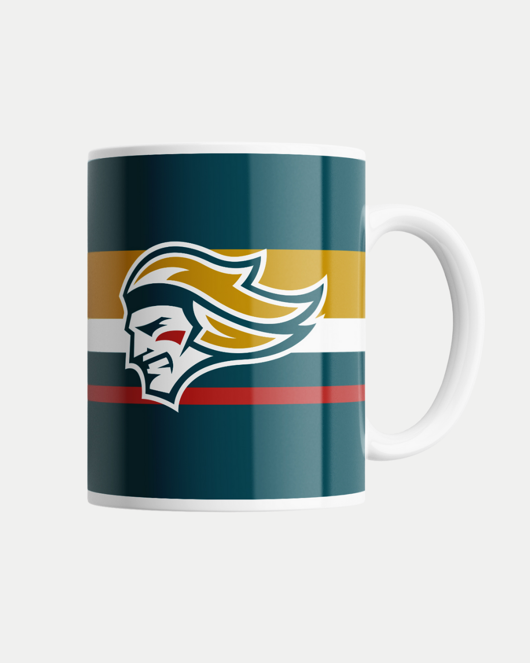 The Belfast Giants Stripe Logo Mug by Belfast Giants is a made-to-order white mug with teal, gold, and white stripes featuring the team’s stylized head logo and yellow helmet—crafted for style, sustainability, and reduced waste.