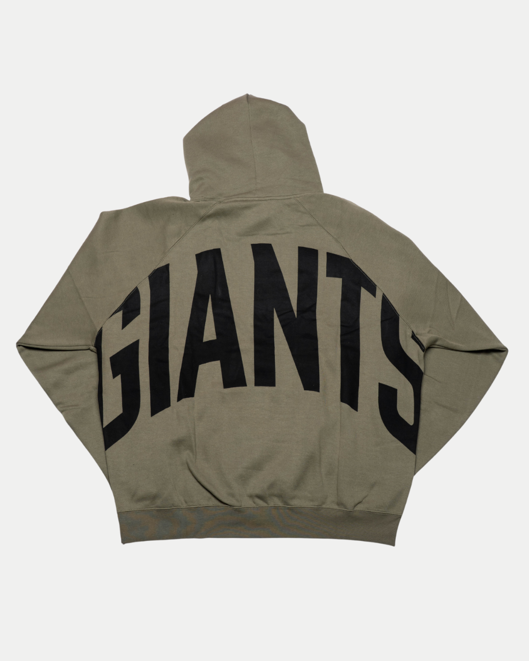 The Belfast Giants Hoodie Olive Backprint by Belfast Giants features a minimal design in olive green with the word "GIANTS" boldly printed in black across the back.