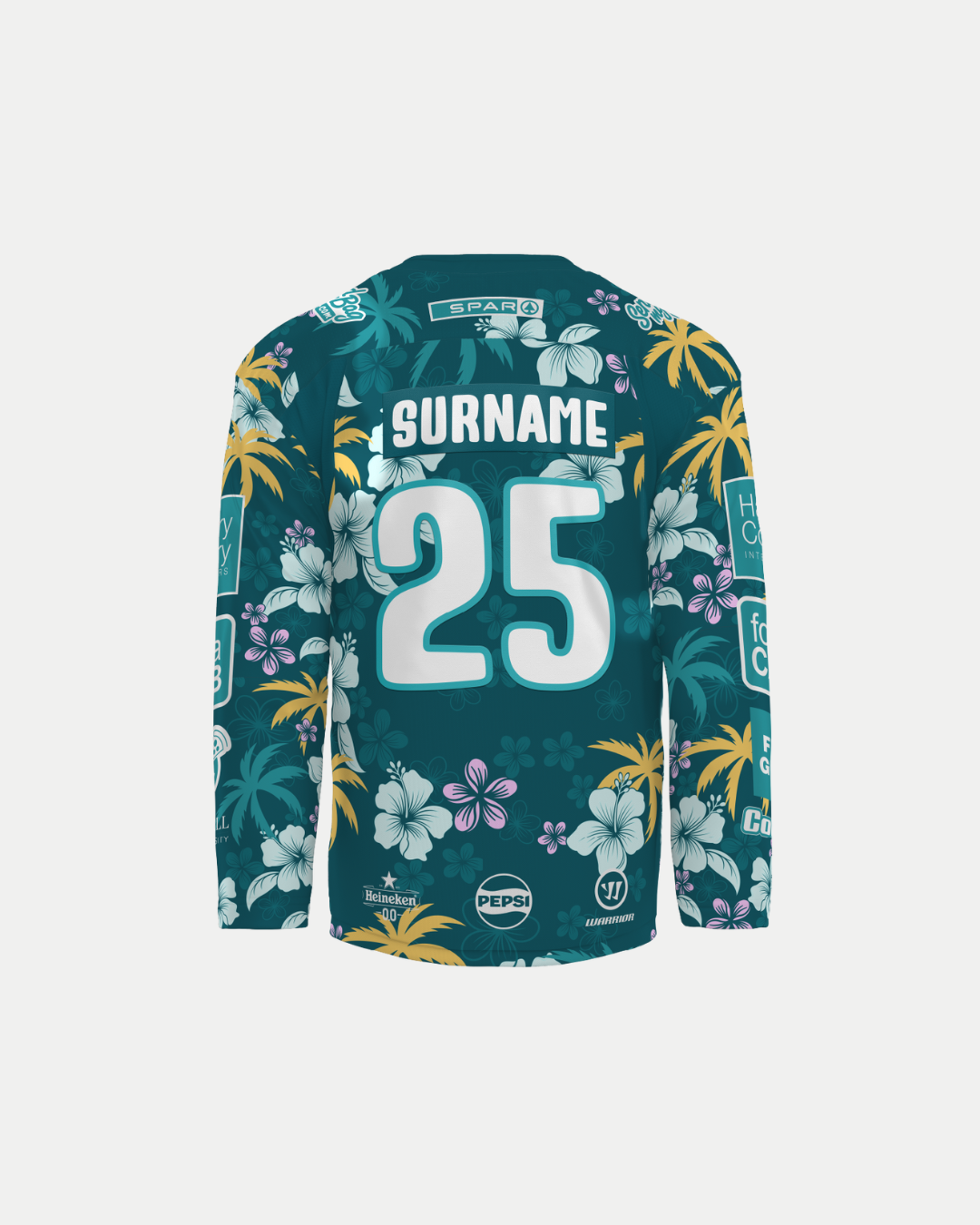 The Belfast Giants Custom Hawaiian Night Replica 25/26 Jersey from Belfast Giants Store by National Merchandise is teal with a tropical floral design, SURNAME and 25 in large white text on the back, and includes sponsor logos.