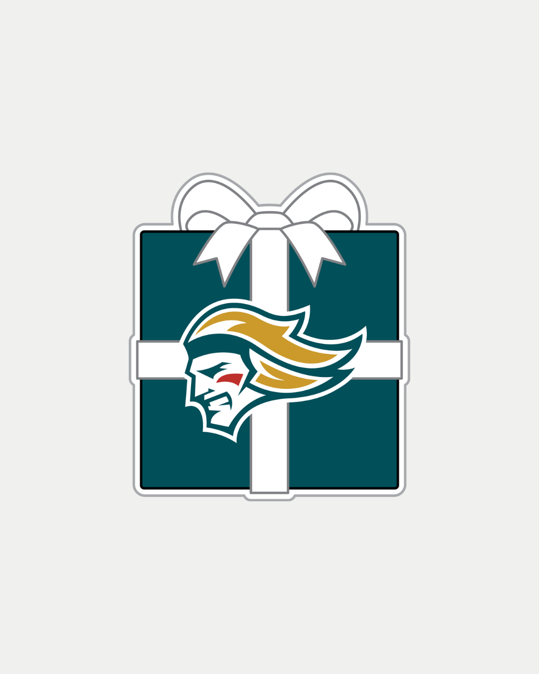 A Wooden Present Christmas Tree Decoration from Belfast Giants Store by National Merchandise, the box is dark teal with a white ribbon and bow, and displays an illustrated knight's head with gold hair and a red facial mark.