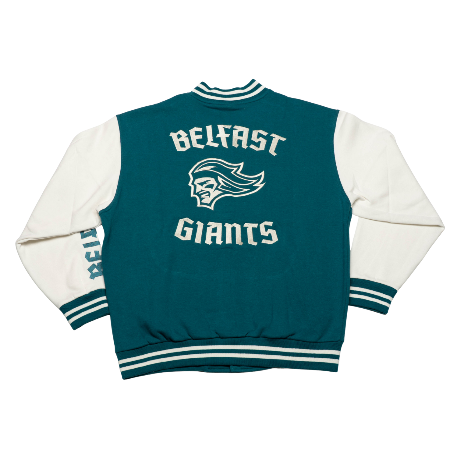 The Belfast Giants Varsity Jacket Teal features a vintage collegiate look with a stylized giant head logo on the back and classic teal and white striped cuffs, collar, and hem.