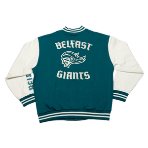 The Belfast Giants Varsity Jacket Teal features a vintage collegiate look with a stylized giant head logo on the back and classic teal and white striped cuffs, collar, and hem.