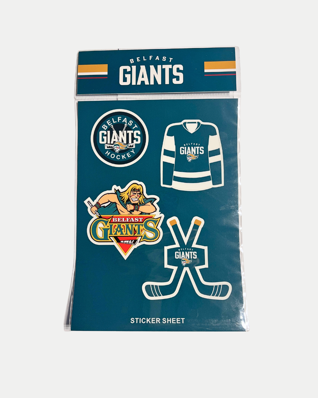 The Belfast Giants Store by National Merchandise presents the Belfast Giants Sticker Set 25/26, featuring team logo, hockey jersey, a giant with the logo, and crossed sticks—perfect for fans.