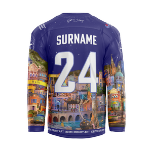 Get the Belfast Giants Custom Hospice Hockey Sublimated Replica 24/25 Jersey, featuring SURNAME and number 24, a colorful cityscape design, KEITH DRURY ART on the hem, from Belfast Giants Store by National Merchandise. Click & Collect only.