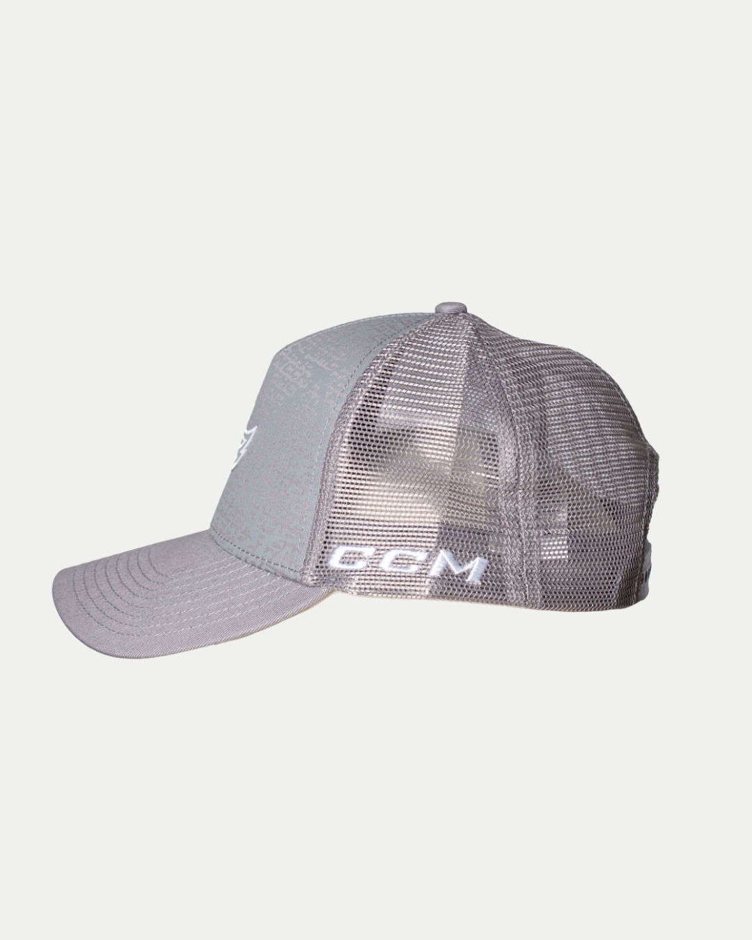 The 25-26 CCM Grey Cap from Belfast Giants Store by National Merchandise features a solid front, gray mesh back, white GEM embroidery on the side near the back, and a curved brim. Shown on a plain white background.