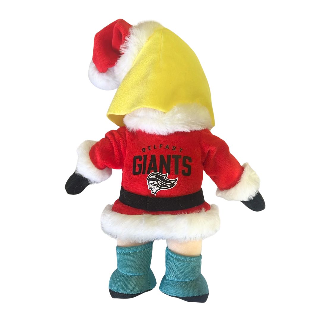 The Belfast Giants Mascot Santa Finn Plush Toy by Belfast Giants Store is shown from the back wearing a red jacket with white fur trim, yellow hood, red Santa hat, black gloves, and blue boots on a white background.
