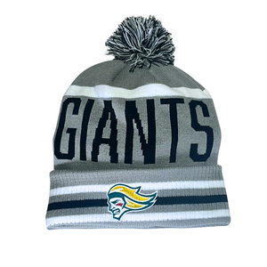 The 25-26 CCM Grey Pom Beanie from Belfast Giants Store features a gray and white knit design, a pom-pom top, "GIANTS" in bold black letters, and the team’s colorful head logo on the cuff.