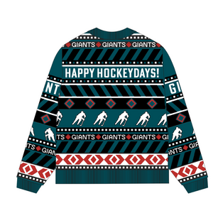 The Belfast Giants Christmas Jumper from Belfast Giants Store by National Merchandise features GIANTS and HAPPY HOCKEYDAYS! text, hockey player silhouettes, and teal, black, white, and red geometric patterns.