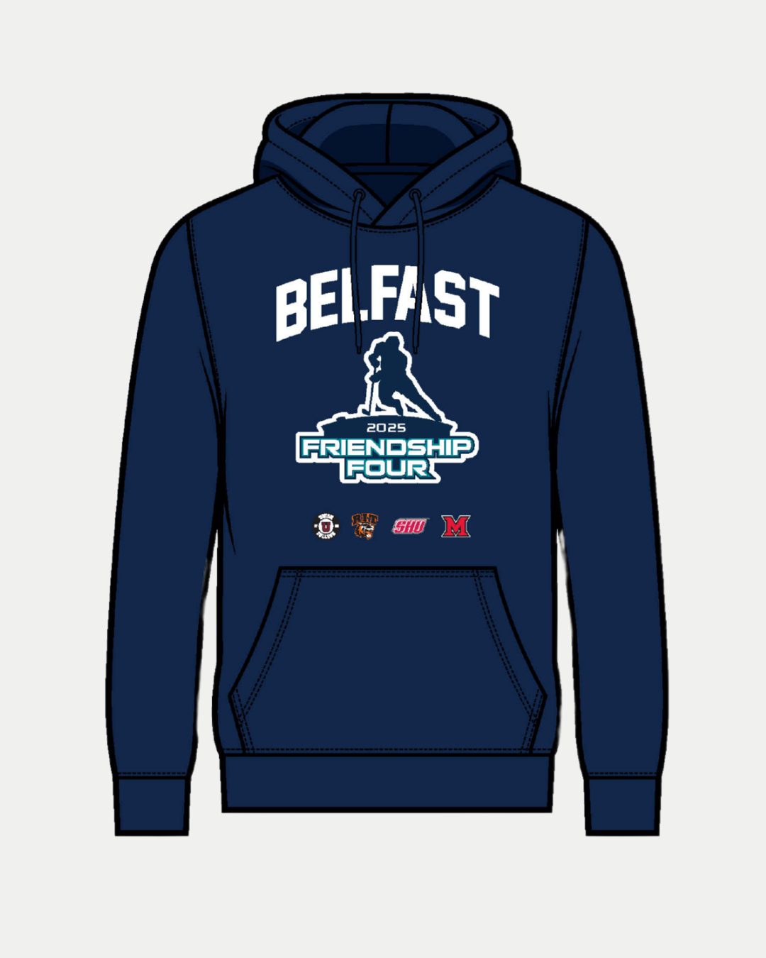 The CLICK & COLLECT Friendship Four 2025 Hoodie from Belfast Giants Store features BELFAST in white, a hockey player silhouette, the 2025 Friendship Four logo, and four college hockey team logos on the front.