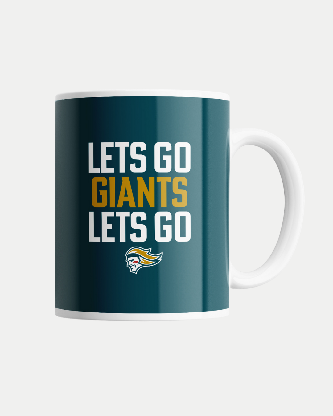 The Lets Go Giants Mug by Belfast Giants features a dark teal design with white and gold "LET'S GO GIANTS LET'S GO" text above a roaring head logo. Each mug is made-to-order to reduce waste and showcase your team pride.